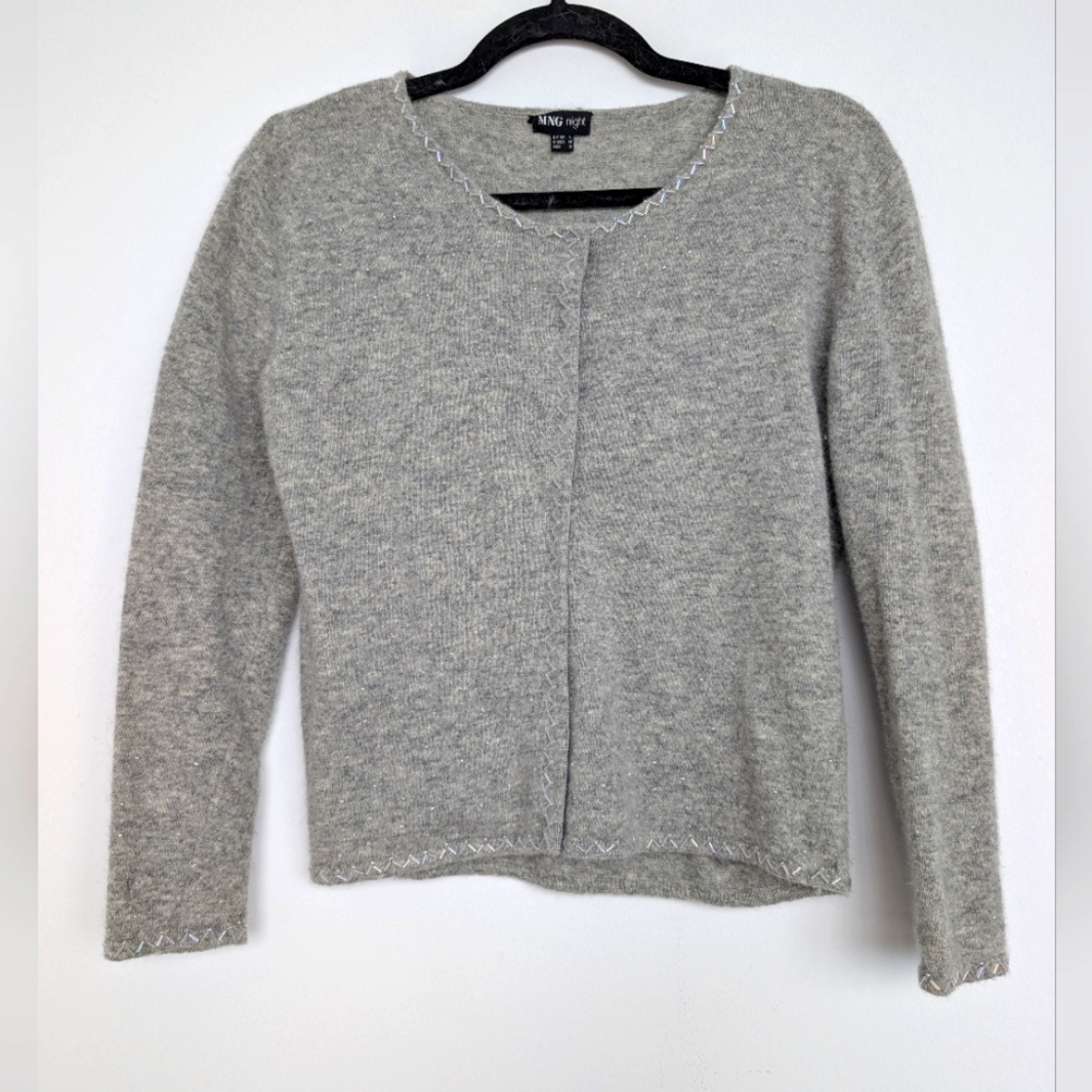 Vintage Mango MNG Night Wool Angora Blend Gray Beaded Sweater Cardigan Sz M
